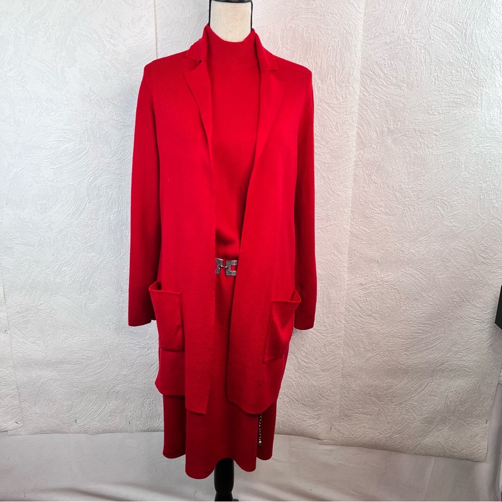DUE' per DUE' Red Sweater Set Dress and Matching Cardigan Size Large/X-Large